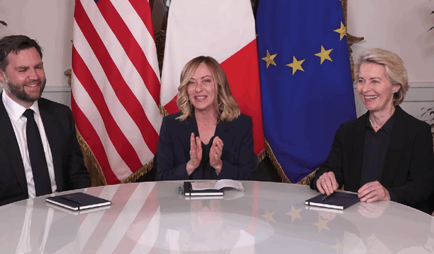 video meloni incearca sa faca e280b3pode280b3 intre ue si sua intr o trilaterala cu von der leyen si vance 682a0845e817b