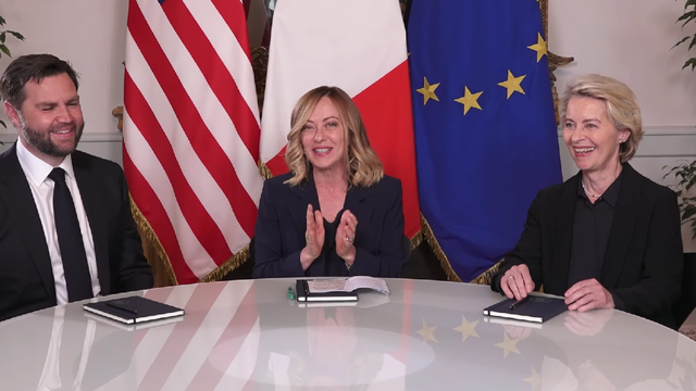 Meloni caută să construiască o punte între UE și SUA, alături de von der Leyen și Vance într-o întâlnire trilaterală. 1 video meloni incearca sa faca e280b3pode280b3 intre ue si sua intr o trilaterala cu von der leyen si vance 682a0845e817b