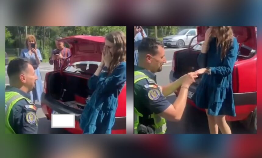 Un ofițer de poliție a surprins-o pe aleasa inimii sale cu o propunere de nuntă memorabilă. Descoperiți reacția acesteia! 1 video un politist de la rutiera si a cerut iubita in casatorie intr un mod inedit iata cum a reactionat tanara 683ad49a11f09