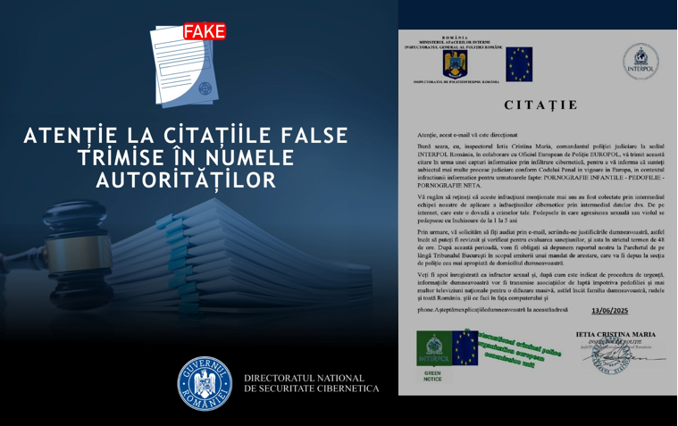 DNSC emite o alertă privind tentativele de înşelăciune: Feriţi-vă de citaţiile false trimise de escroci în numele instituţiilor! Evitaţi deschiderea link-urilor sau a fişierelor ataşate! 1 dnsc avertisment despre citatii false trimise de infractori in numele unor autoritati nu deschideti link uri sau atasamente 6854518a45023