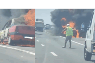 masina in flacari la intrarea pe autostrada a2 dinspre ovidiu pompierii actioneaza pentru stingerea incendiului 6859665a667bc