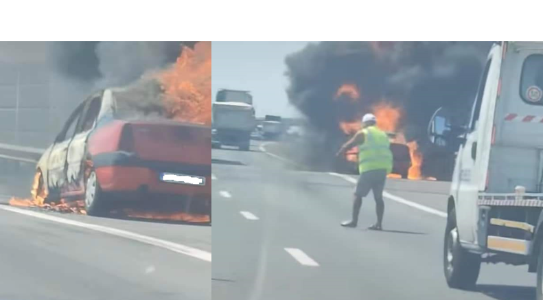 Incendiu devastator la intrarea pe Autostrada A2 dinspre Ovidiu – intervenția pompierilor în plină acțiune! 1 masina in flacari la intrarea pe autostrada a2 dinspre ovidiu pompierii actioneaza pentru stingerea incendiului 6859665a667bc