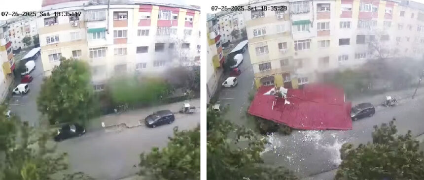 Șocant: Vântul furios răstoarnă un acoperiș, aruncându-l peste parcarea mașinilor! 1 video momentul in care un acoperis este smuls de vant si aruncat peste mai multe masini 688620b536486