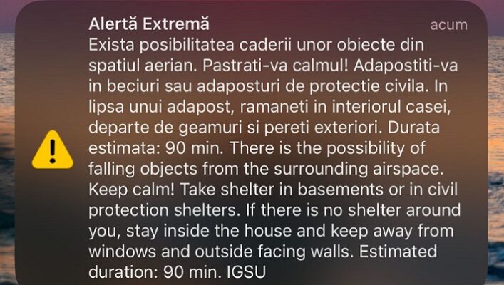 Atenționare Ro-Alert în nordul județului Tulcea: risc de cădere a unor obiecte din cer! 1 ro alert pentru zona de nord a judetului tulcea exista posibilitatea caderii unor obiecte din spatiul aerian 68a5548a2aace