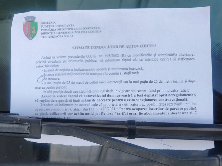 ce au gasit in parbrize soferii care si au parcat masinile pe trotuarul de pe strada primaverii din constanta va rugam de urgenta sa luati masurile necesare pentru a evita sanctionarea contraventiona 691cd1a7a0d21