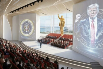 videofoto mostenirea lui trump in miami o biblioteca zgarie nori cu o statuie de aur uriasa si avionul prezidential alaturi aeronave militare 69cbe76442b30